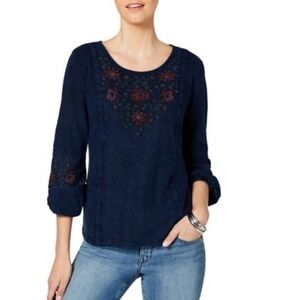 Style & CO Petite Embroidered Peasant Cotton Top